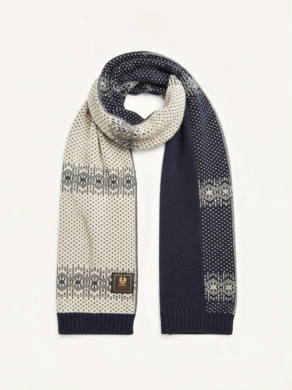Belstaff Thistle Fair Isle Wool Scarf - Navy/Ecru (Made in UK)